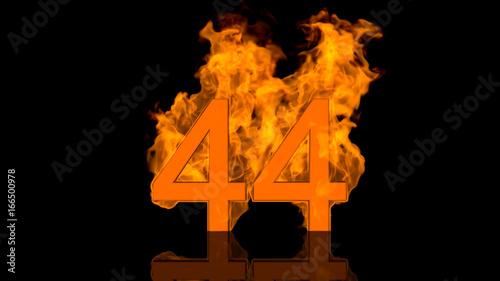 Flaming Number Forty Four Centred on Black Background with Reflection as 3D rendering