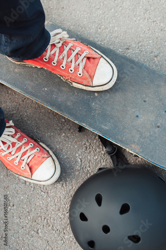 Extreme sport challenge at skateboarding competition. Champions skateboarder equipment. Ready to advanture photo