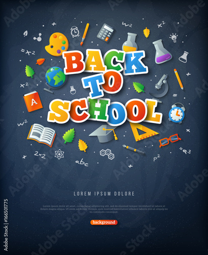 Obraz na plátně Black chalkboard with Back to school colorful stickers