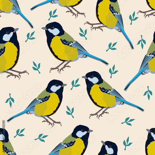 Bird illustration tomtit with leaves floral background