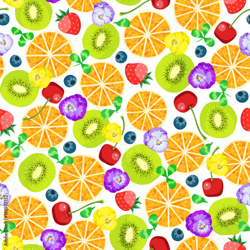 Seamless pattern Ripe red strawberries oranges and kiwi with flowers on a white background.