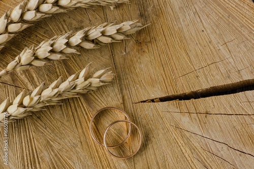 Wheat and wedding rings. Concept of rustic wedding