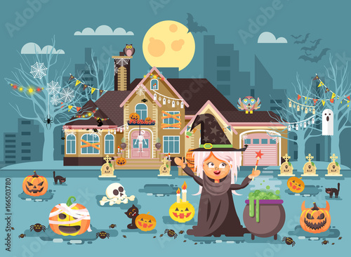 Vector illustration cartoon character child Trick-or-Treat, girl costumes, fancy dresses witch conjures cauldron celebrate holiday party Happy Halloween, decorated pumpkins, skeletons flat style