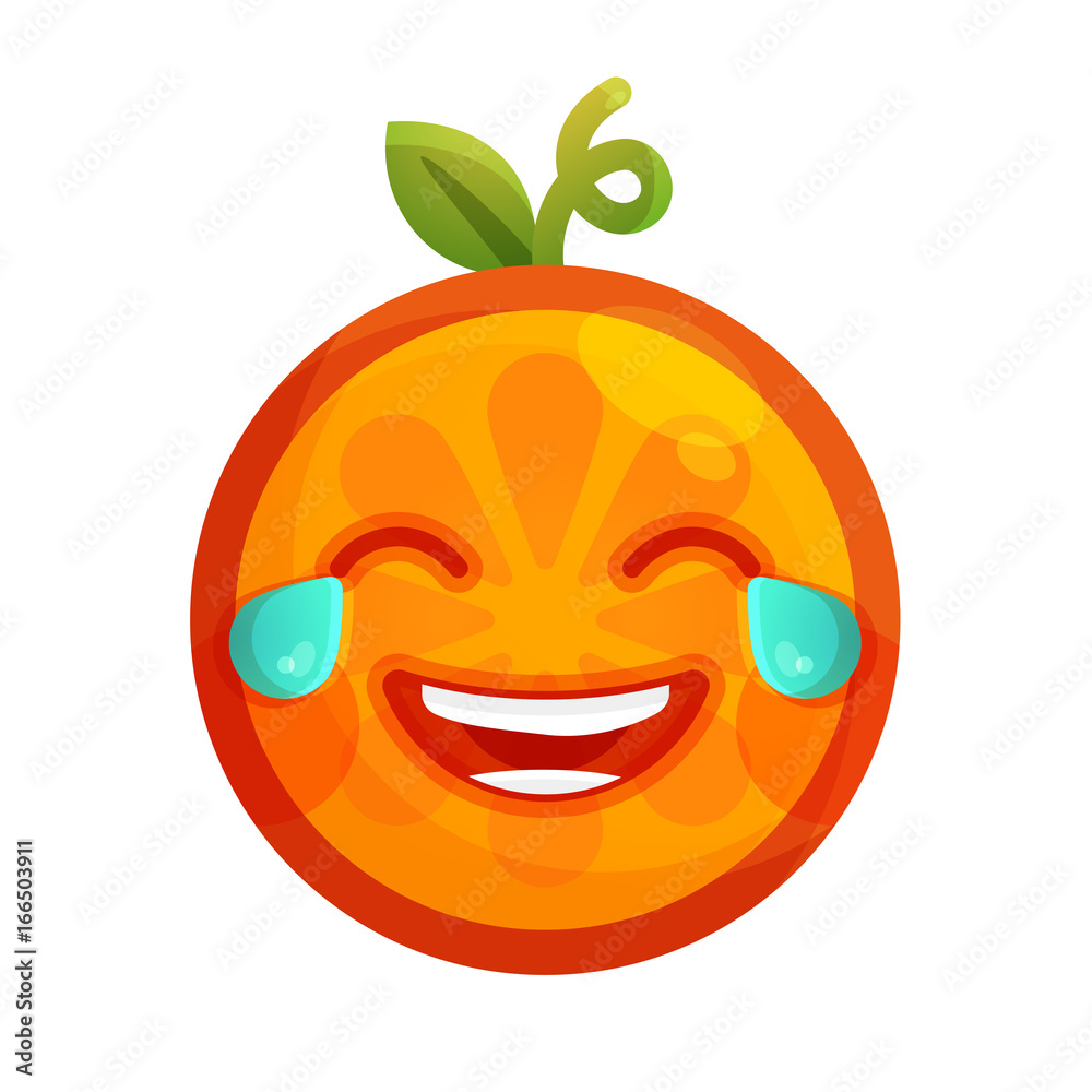 Laugh with tears emoji. Laughing with tears orange fruit emoji. Vector flat design emoticon icon isolated on white background.