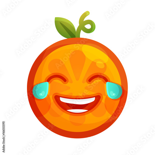 Laugh with tears emoji. Laughing with tears orange fruit emoji. Vector flat design emoticon icon isolated on white background.