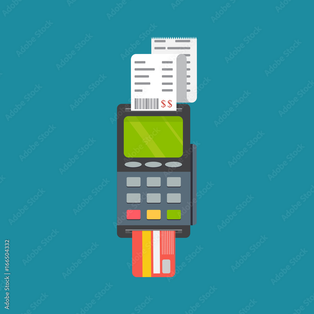 Pos terminal. Pos cashless payment concept. Pos machine with credit card. Vector Pos terminal. Pos cashless payment concept. Pos machine with credit card. Vector