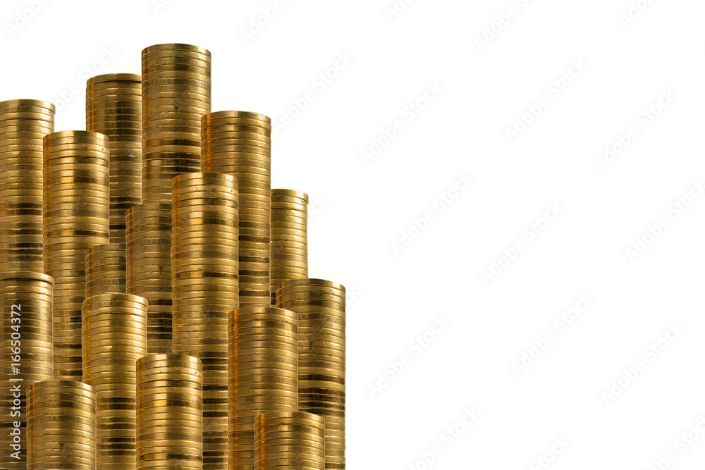 Rows of golden coins isolated on white. Side decoration with money. Rows of golden coins isolated on white. Side decoration with money.