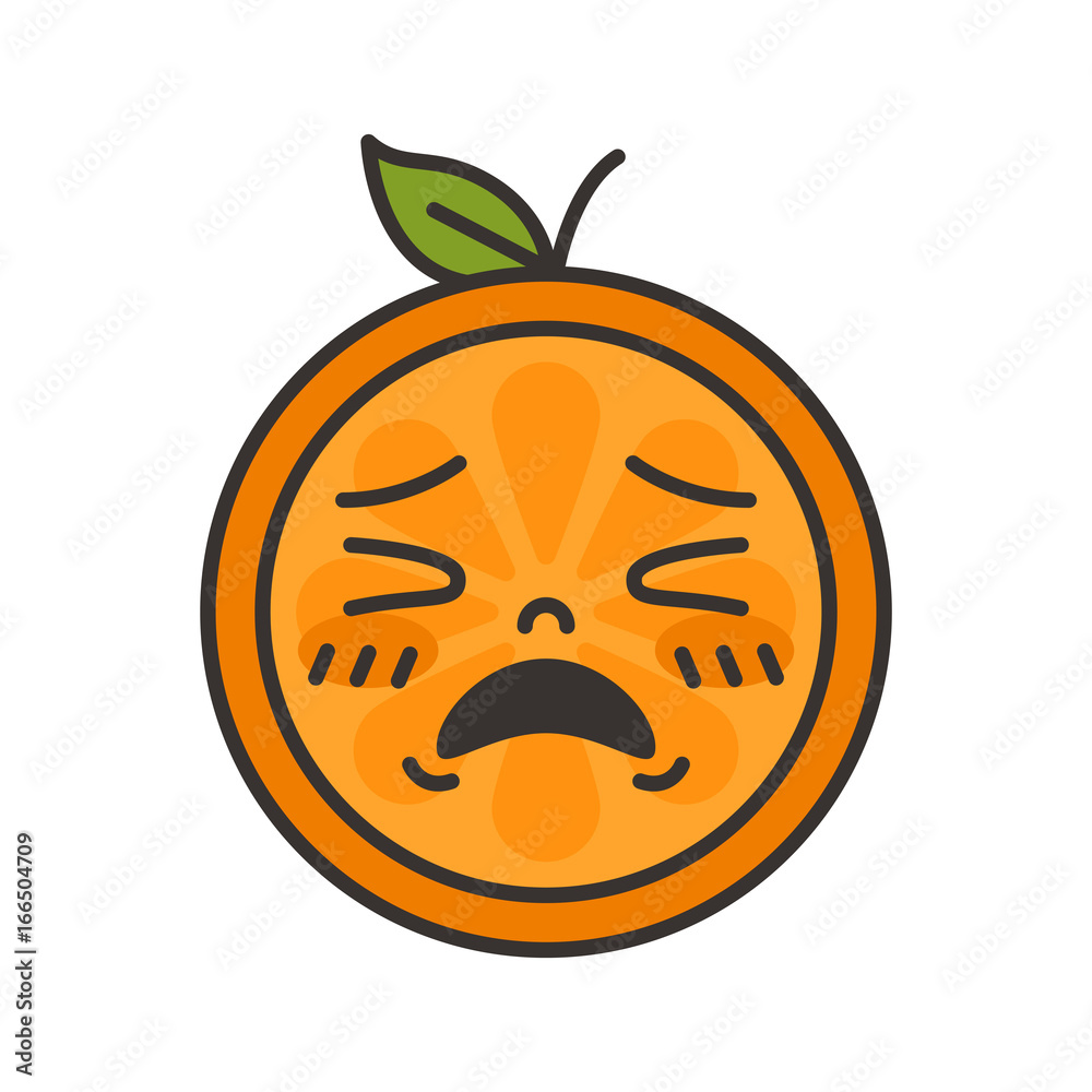 Crying emoji. Crying orange fruit emoji. Vector flat design emoticon icon isolated on white background. Crying emoji. Crying orange fruit emoji. Vector flat design emoticon icon isolated on white background.