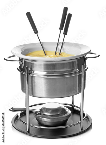 Delicious cheese fondue and sticks in pot on white background