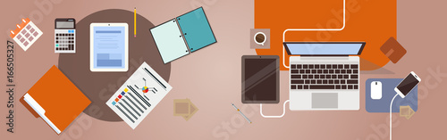 Workplace Desk Top Angle View Tablet Laptop Computer With Paper Documents Reports Finance Graph Flat Vector Illustration