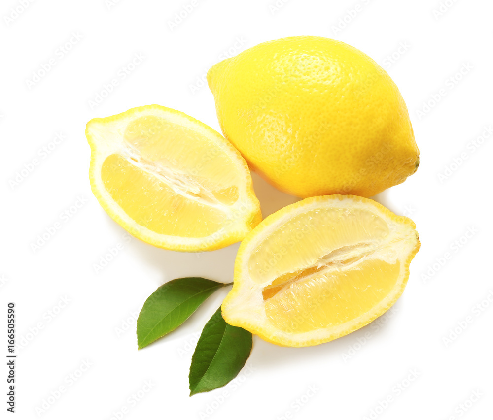 Delicious sliced citrus fruit and green leaves on white background Delicious sliced citrus fruit and green leaves on white background