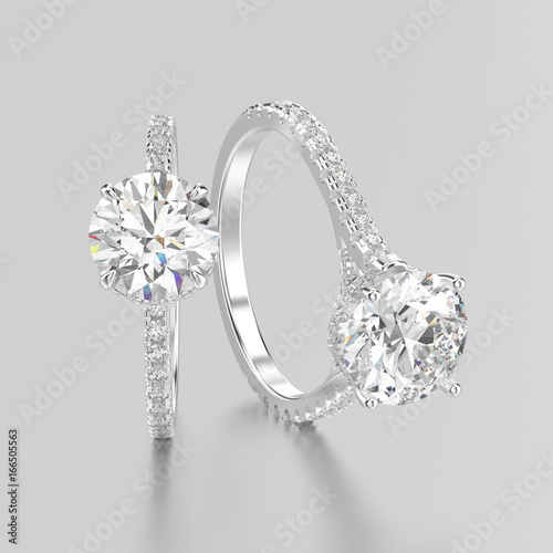 3D illustration two white gold or silver diamonds rings with