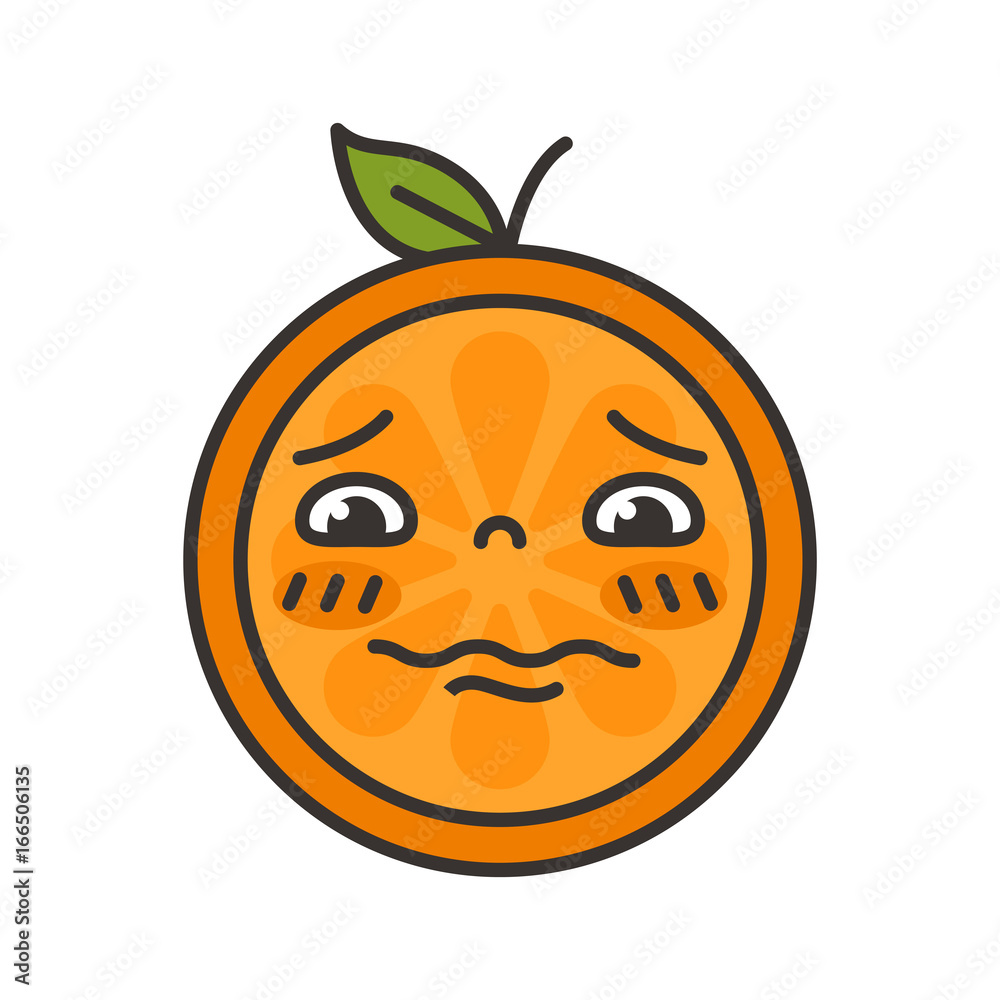 Worry emoji. Worrying orange fruit emoji with drop of sweat. Vector flat design emoticon icon isolated on white background. Worry emoji. Worrying orange fruit emoji with drop of sweat. Vector flat design emoticon icon isolated on white background.