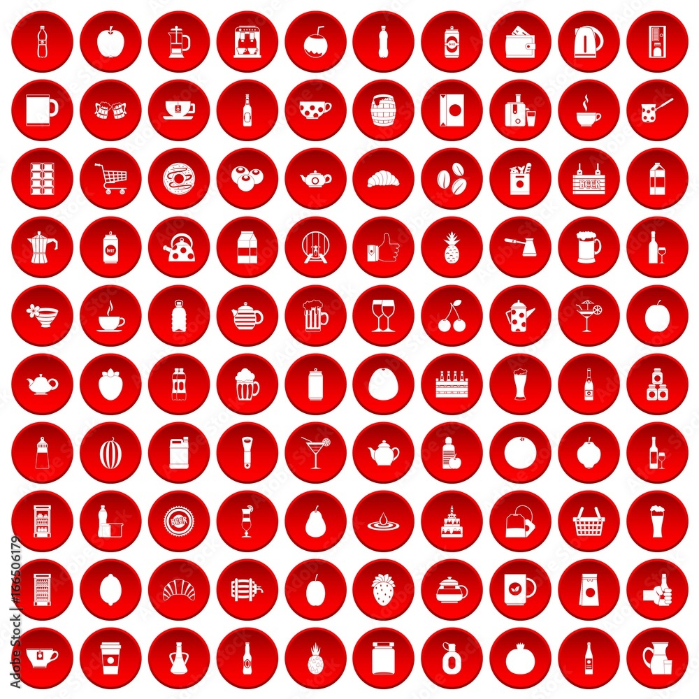 100 beverage icons set red 100 beverage icons set red