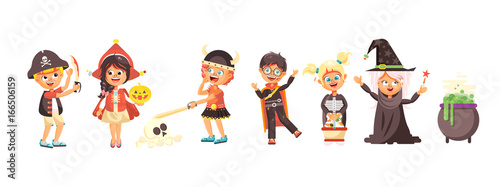 Vector illustration isolated cartoon children Trick-or-Treat boy, girl, costumes fancy dresses holiday party Happy Halloween, pumpkins, bats flat style white background brochure, flyer, leaflet © derdy