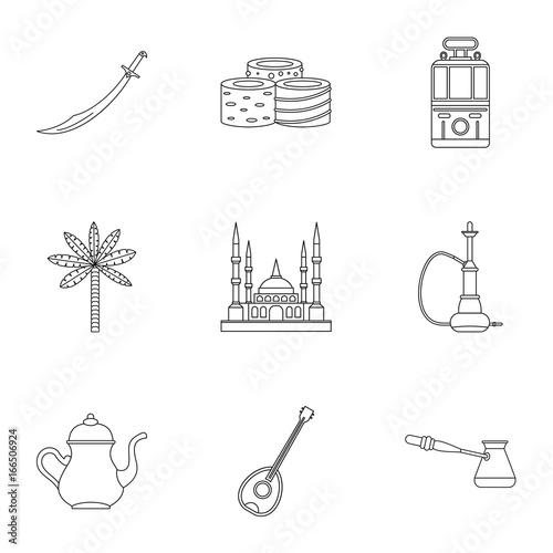 Turkey travel icons set, outline style