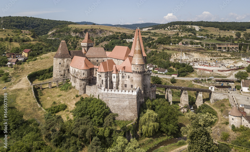 Aerial view of Corvin Castle in Romania