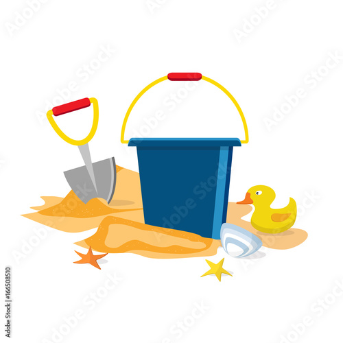 Summer time flat design. Vector. Beach toys isolated. Pail, shovel, starfish, bucket, duckling, shell, sand.