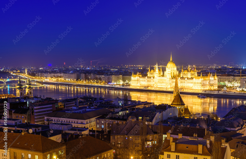 Beautiful night view of Budapest. The Parliament and the Danube promenade at night illumination, Budapest, Hungary