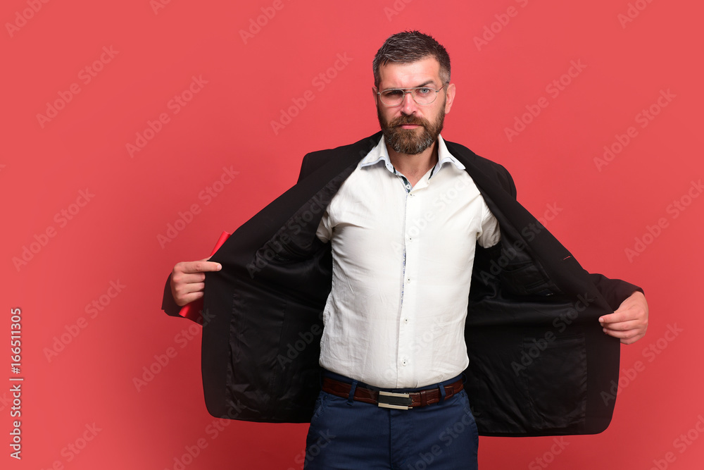 Fototapeta premium Guy with open jacket and notebook. Man in classic outfit