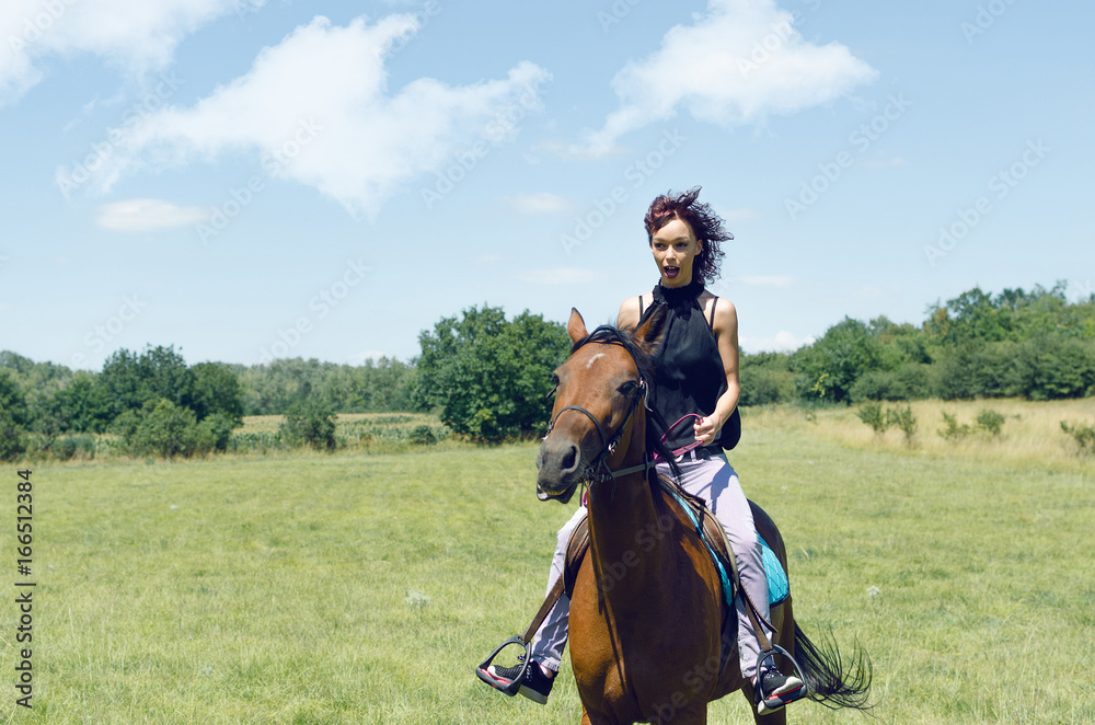girl learning to riding bay horse girl learning to riding bay horse