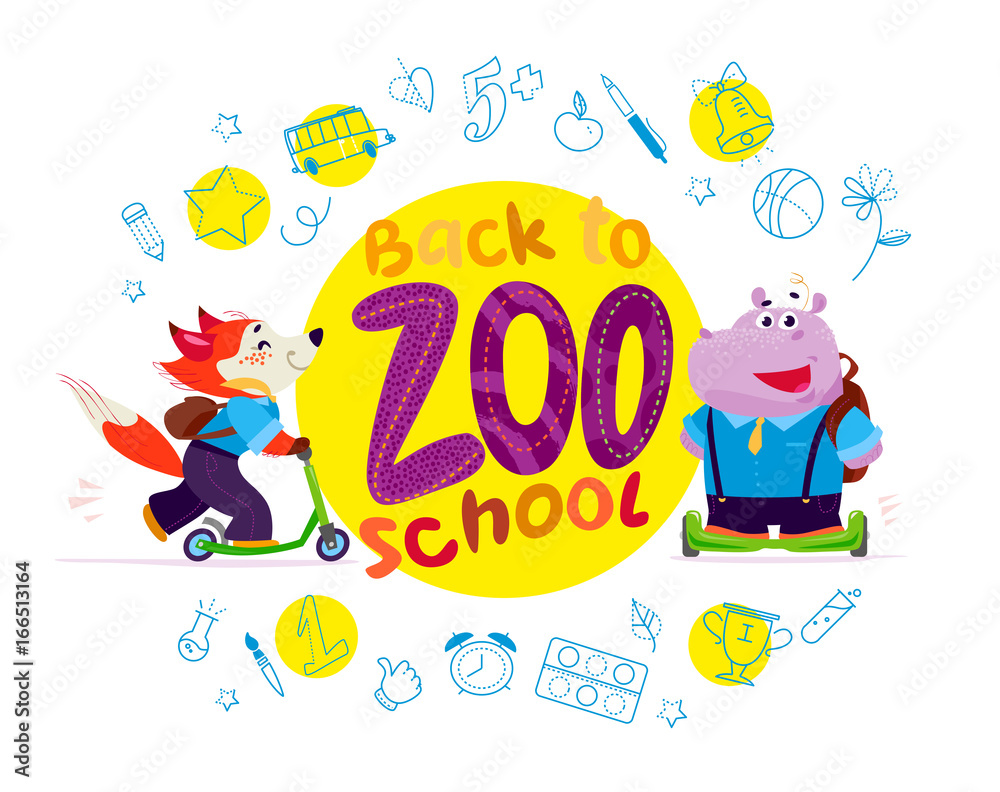 Fototapeta premium Vector flat collection of happy funny animal students. Back to school icon collection. Doodle study element set isolated on white background. Cartoon style. Good for sticker, banner, packaging design