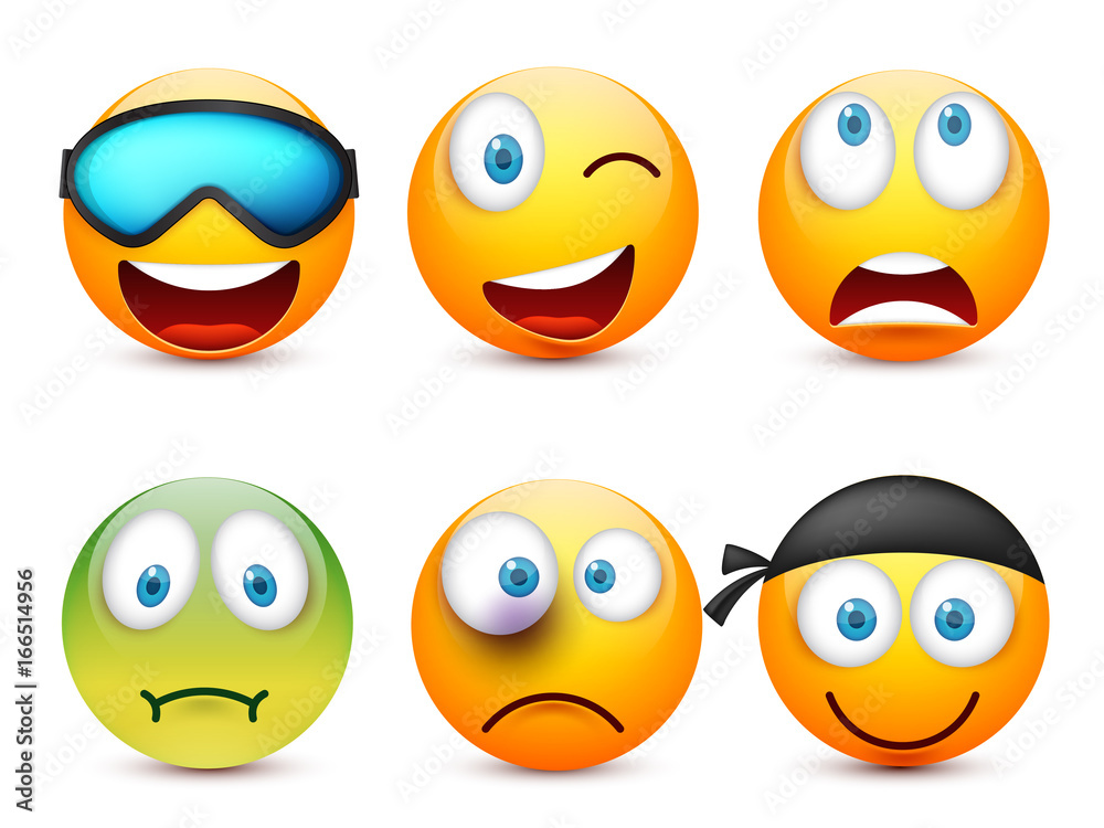 Smiley with blue eyes,emoticon set. Yellow face with emotions. Facial expression. 3d realistic emoji. Sad,happy,angry faces.Funny cartoon character.Mood.Vector illustration. Smiley with blue eyes,emoticon set. Yellow face with emotions. Facial expression. 3d realistic emoji. Sad,happy,angry faces.Funny cartoon character.Mood.Vector illustration.