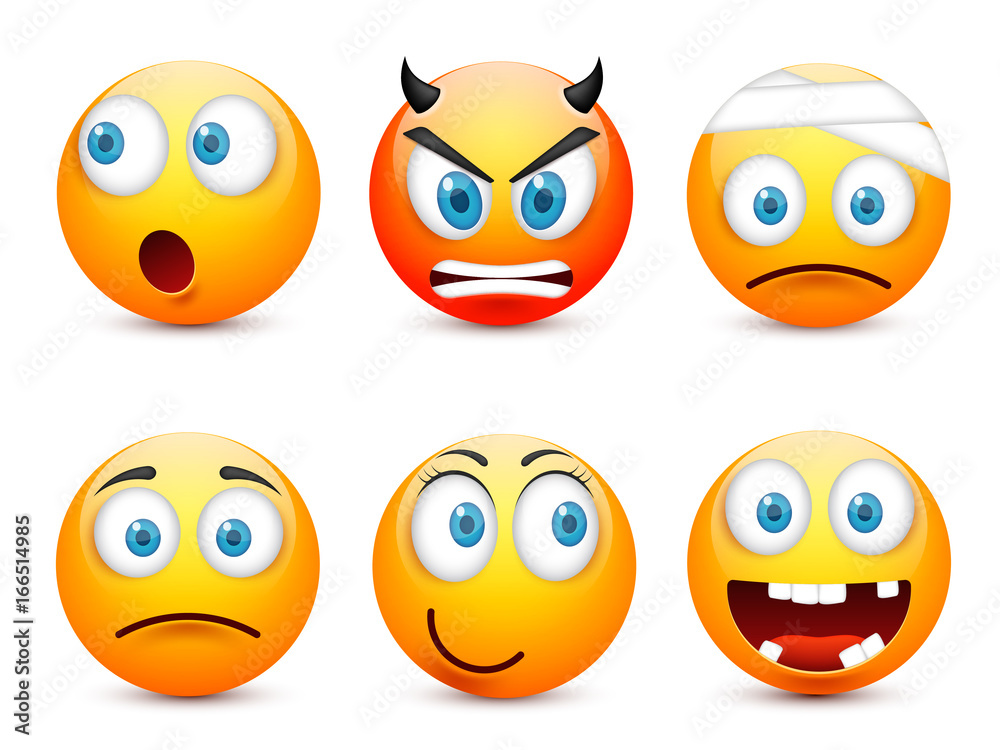 Smiley with blue eyes,emoticon set. Yellow face with emotions. Facial expression. 3d realistic emoji. Sad,happy,angry faces.Funny cartoon character.Mood.Vector illustration.