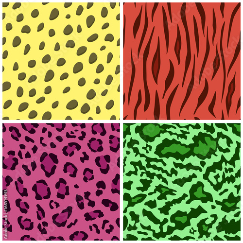 Set of seamless animal fur bright color patterns, vector feline or cat background