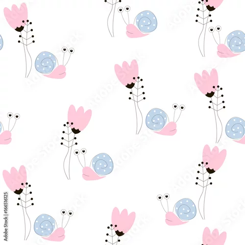 Fototapeta Śliczny mały ślimak z kwiatami fantasy. Wzór. Wektorowa ręka rysująca ilustracja.