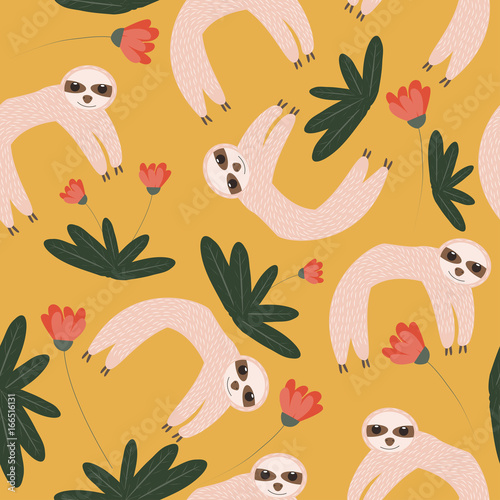 Funny sloth with tropical leaves and flowers seamless pattern. Vector hand drawn illustration.