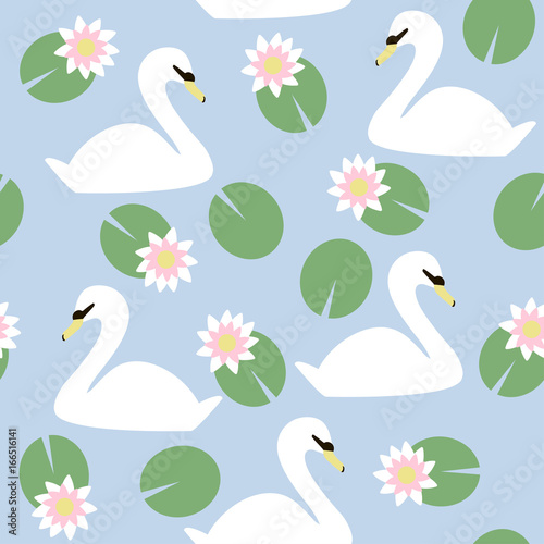 White swan among the water lilies seamless pattern. Vector hand drawn illustration.