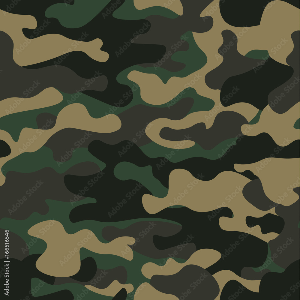 Naklejka premium Camouflage seamless pattern background. Classic clothing style masking camo repeat print. Green brown black olive colors forest texture. Design element. Vector illustration.