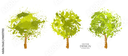 Set of summer trees and paint blot, splashes, drops 