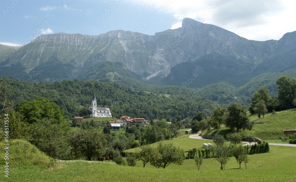 panorama with village Drezniske Ravne below the Krn mountain in Julian Alps in Slovenia