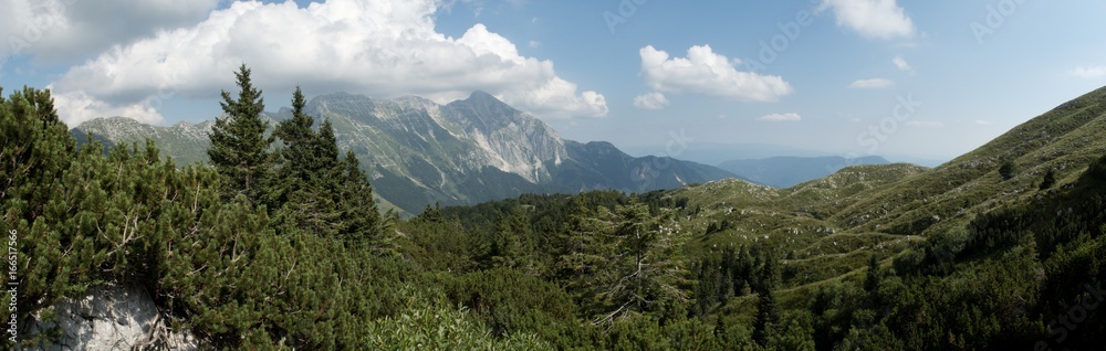 panorama with Krn mountain from the hillside of Krasji vrh in Julian Alps in Slovenia
