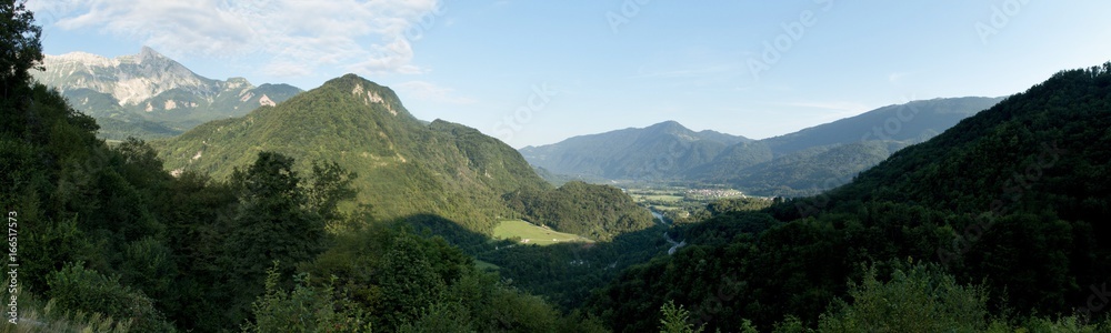 panorama with Krn mountain from Stari grad above Kobarid in Julian Alps in Slovenia
