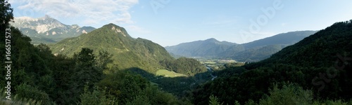 panorama with Krn mountain from Stari grad above Kobarid in Julian Alps in Slovenia