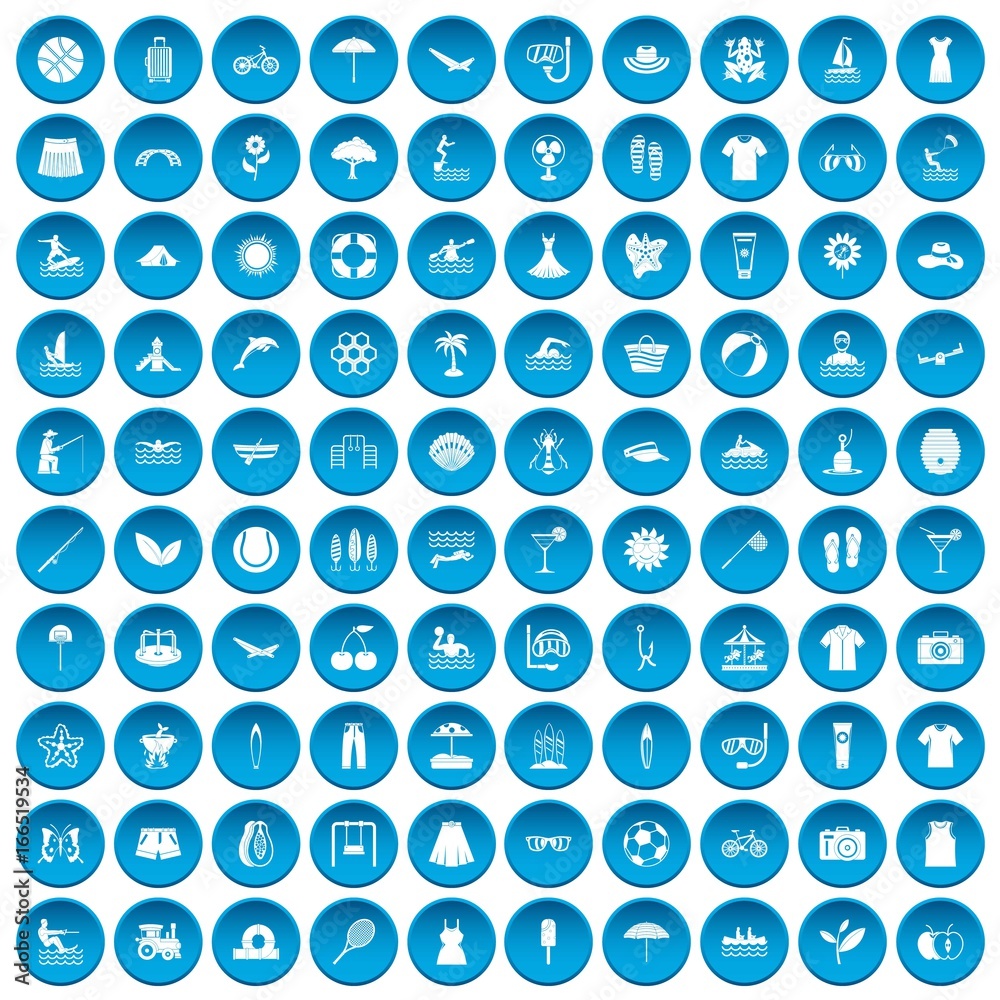 100 summer icons set blue 100 summer icons set blue