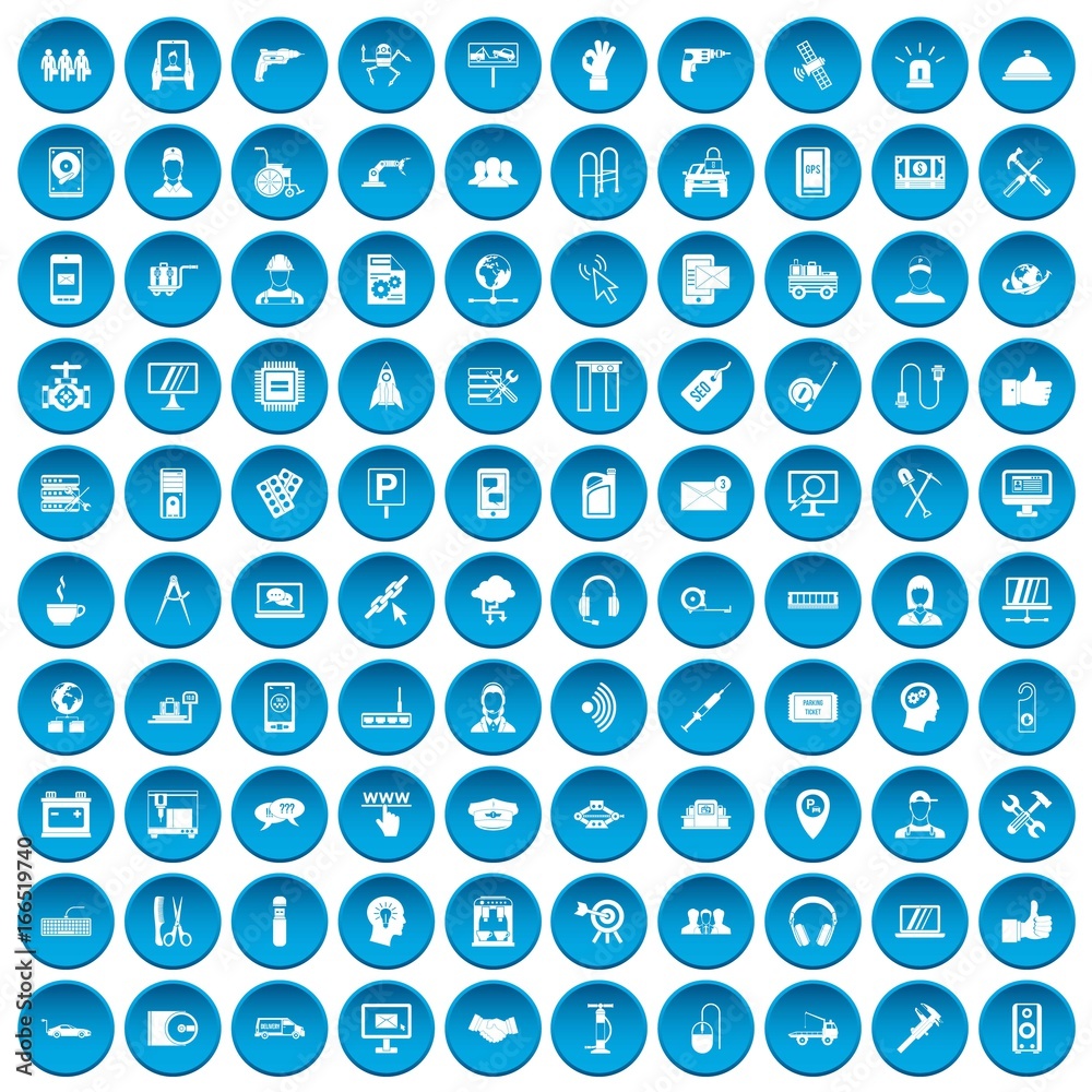 100 support icons set blue