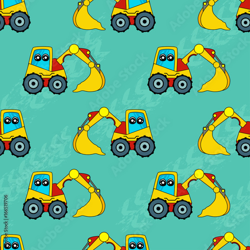 Cute kids pattern for girls and boys. Colorful car, tractor on the abstract bright background create a fun cartoon drawing.The background is made in blue colors.Urban backdrop for textile and fabric