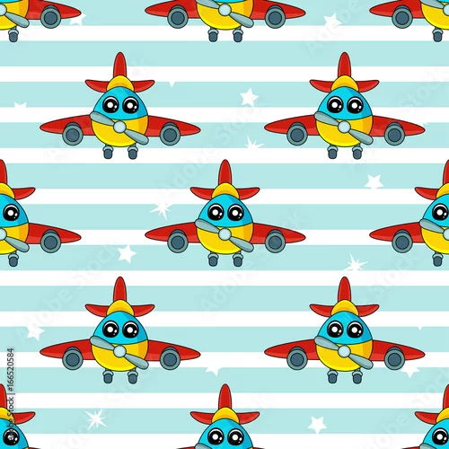 Tapety Śliczne dziecięce wzory dla dziewczynek i chłopców. Kolorowe samoloty na abstrakcyjnym jasnym tle tworzą zabawny rysunek kreskówki. Tło jest w niebieskich kolorach. Tło miejskie dla tkanin i tkanin