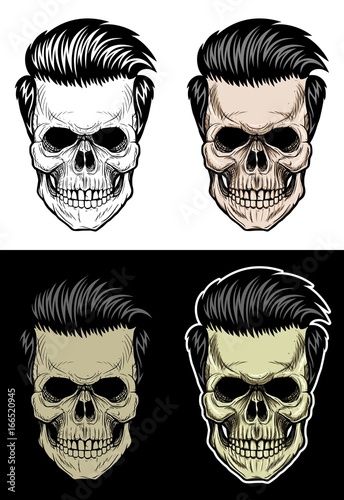 Hipster Skull, Skull with pomade hair, drawing skull with 4 style color