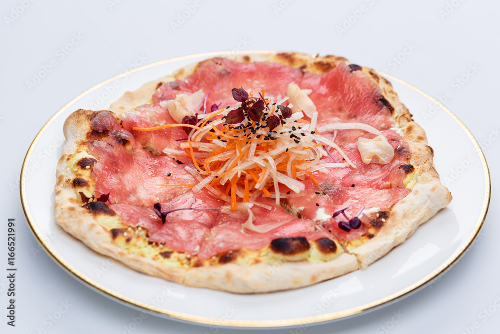 Pizza with smoked salmon and Carrots, sesame seeds, Pizza with smoked salmon and Carrots, sesame seeds,