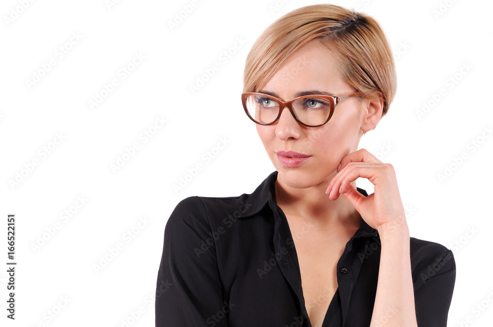Portrait of a young beautiful blonde woman wearing trendy glasses Portrait of a young beautiful blonde woman wearing trendy glasses