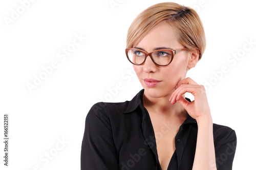 Portrait of a young beautiful blonde woman wearing trendy glasses
