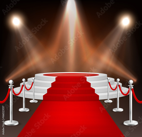 Realistic vector red event carpet, silver barriers and white stairs isolated on white background. Design template, clipart in EPS10.