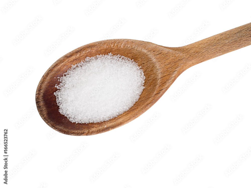 Fructose detail, on spoon isolated on white. Fructose detail, on spoon isolated on white.