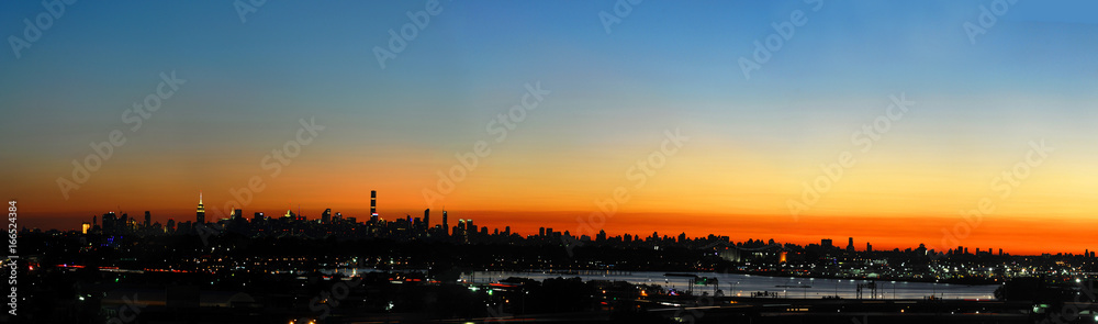 New York city skyline panorama under dusk sunlight