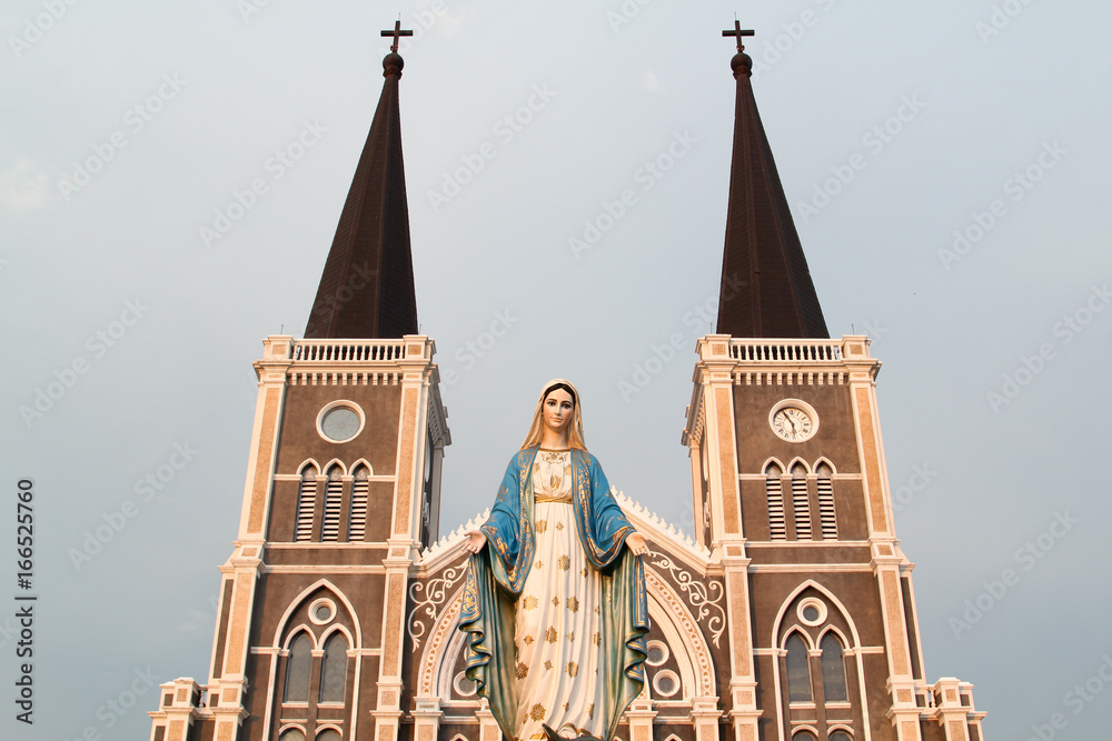 Catholic church on blue sky, Chantaburi, Thailand.
